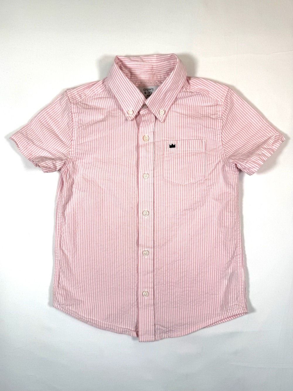CROWN & IVY Boy 5 Pink Seersucker Stripe Button Down Shirt Preppy Classic Summer